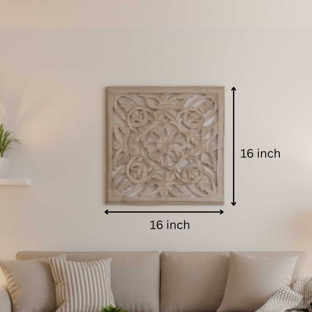 Taupe wall medallion styled in a neutral boho room