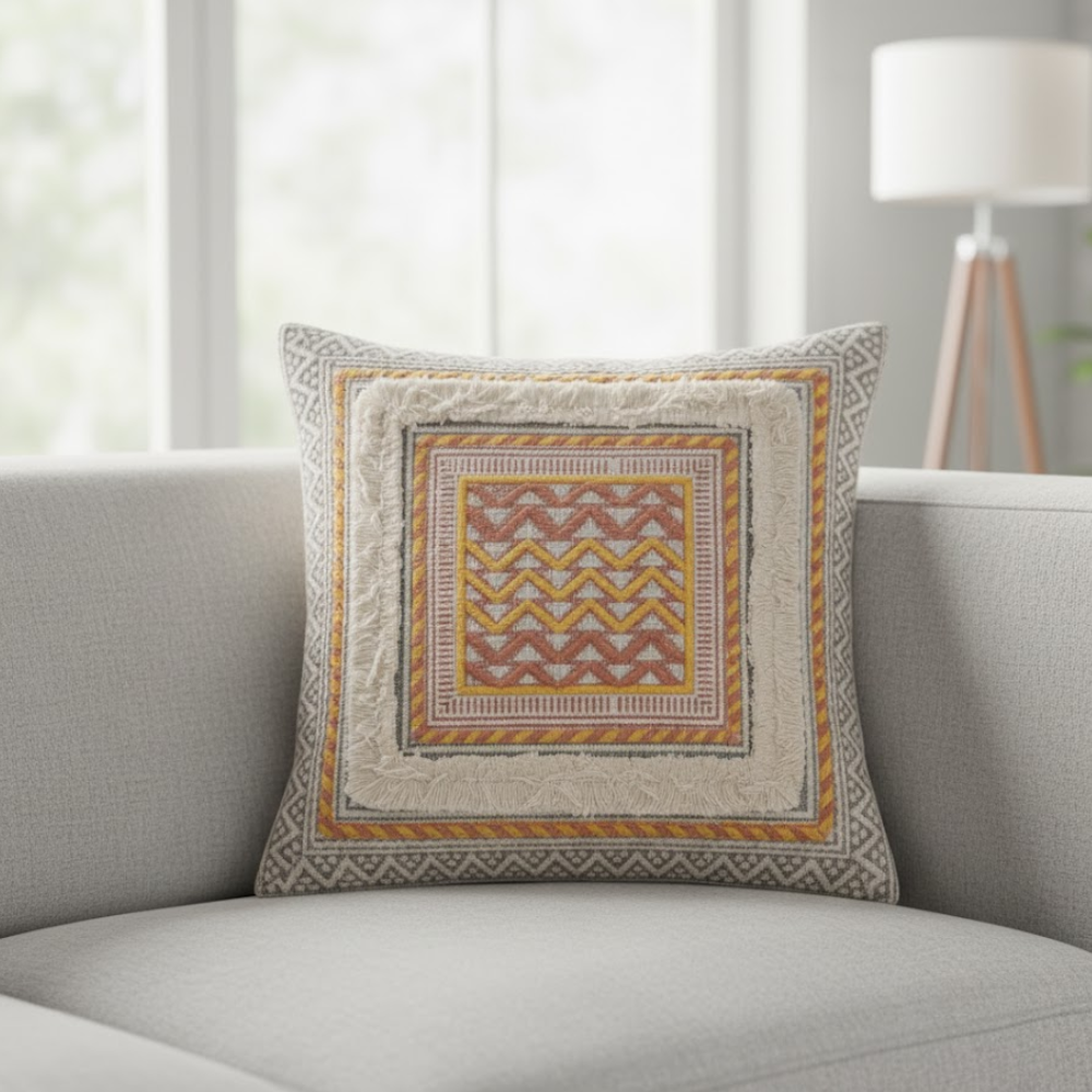 Hand block printed cushion cover at an angle