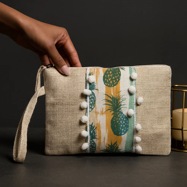 Pompom-Lined Tropical Jute Wristlet – Handcrafted Boho Jute Pouch