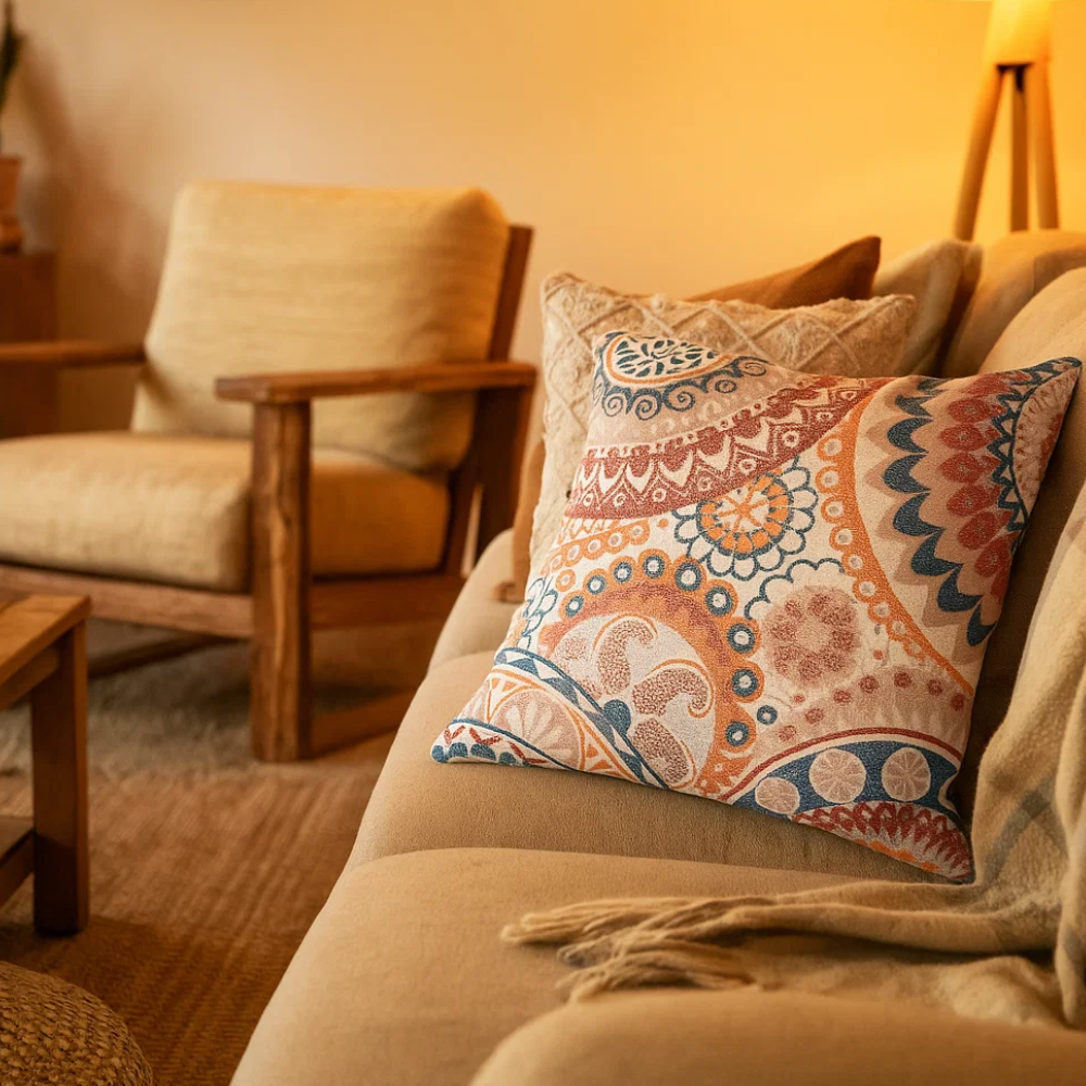 Polyester cushion cover styled on a sofa