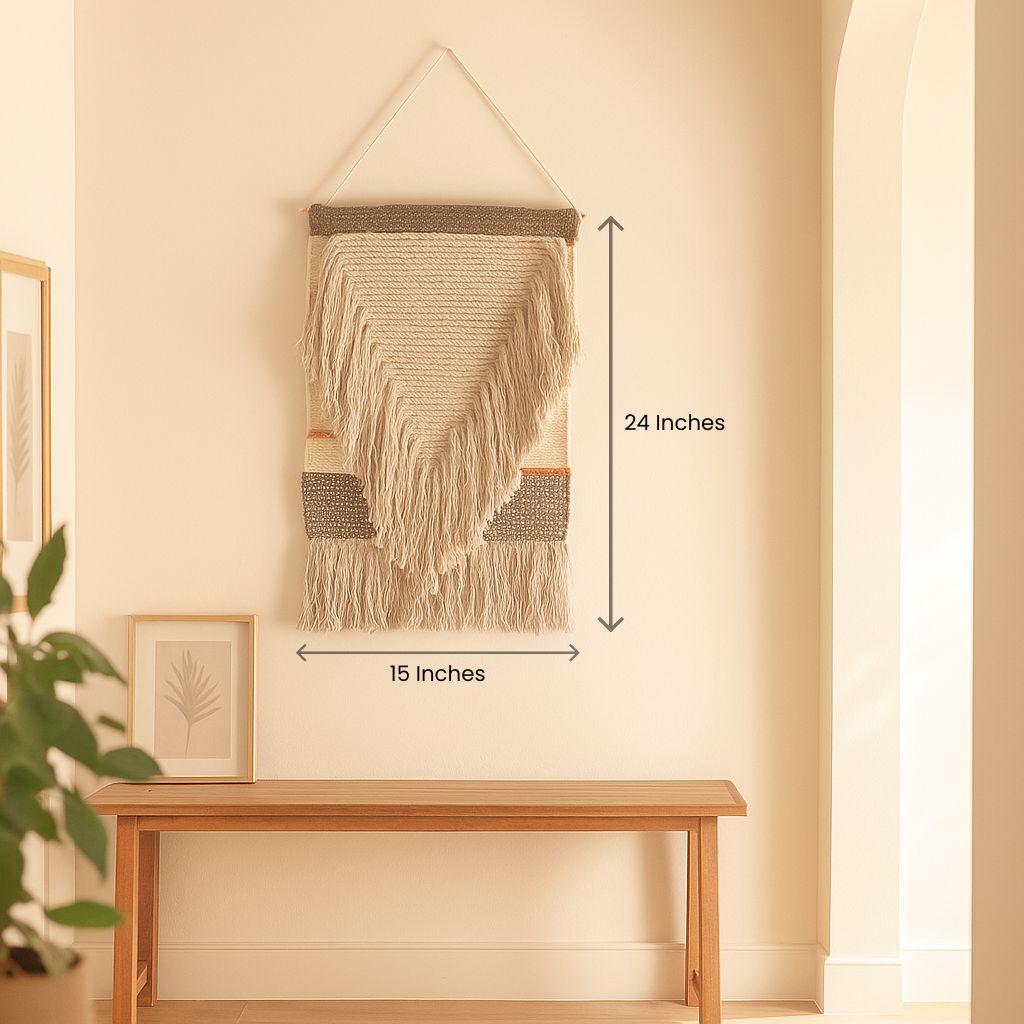 Natural wool and cotton wall hanging shown at an angle