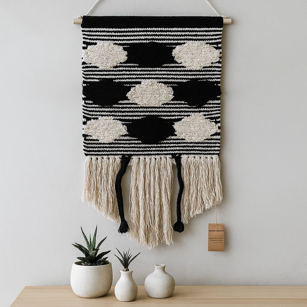 Black and cream striped cotton wall hanging detail of tasseled lower edge