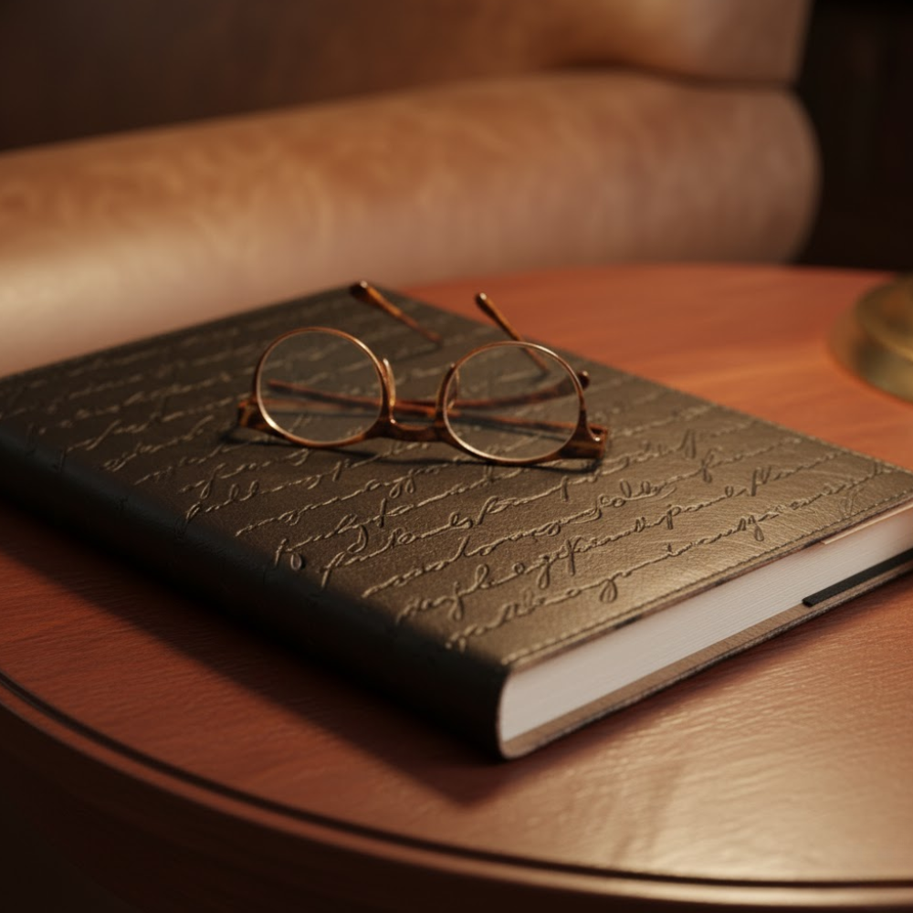 Typographic leather diary side view