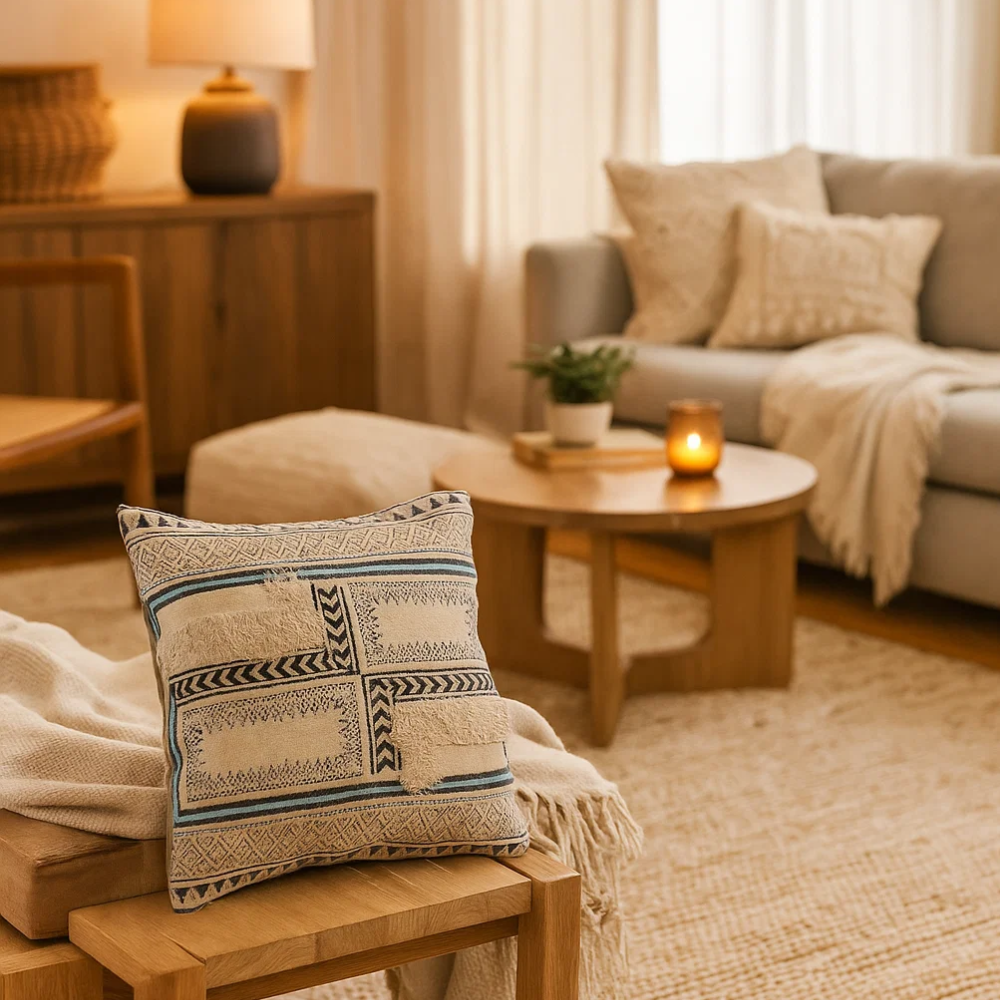 Geometric cotton cushion cover styled on a sofa