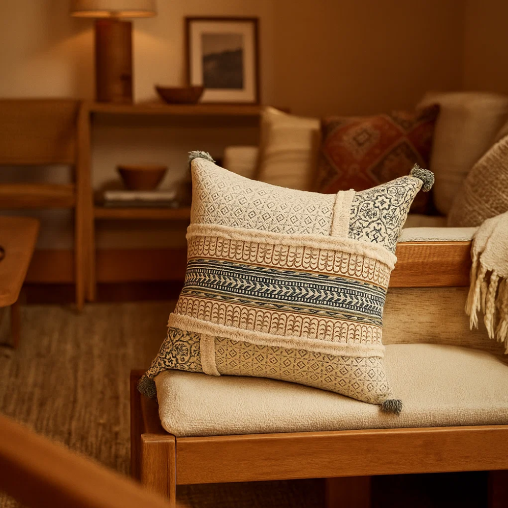 Bold maximal cushion cover in a boho room