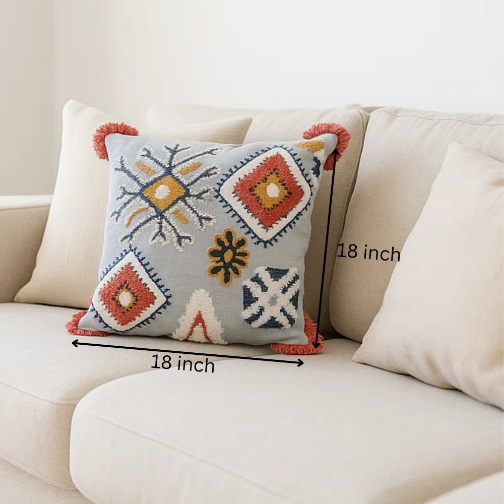 Fringed embroidered cushion cover concealed zip detail