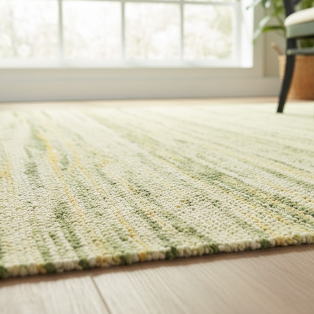 Lime wool rug styled on a floor