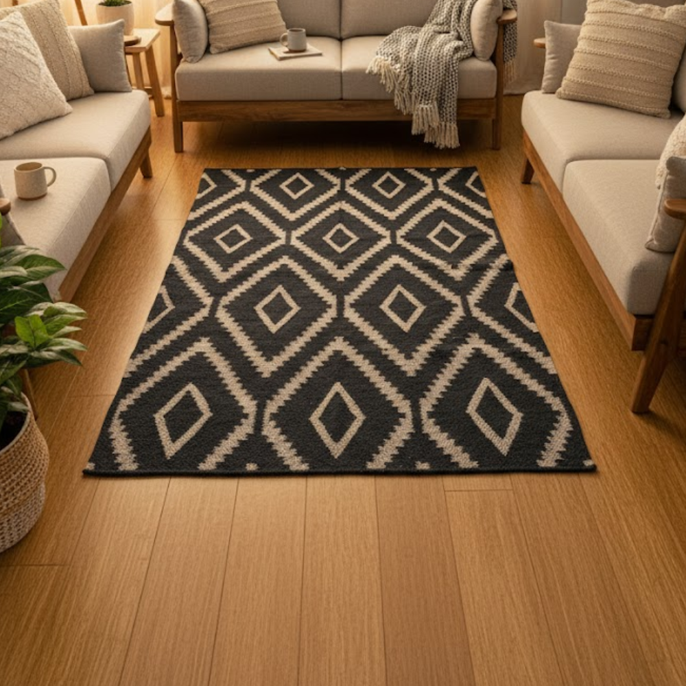 Angled view of the handwoven jute and wool rug