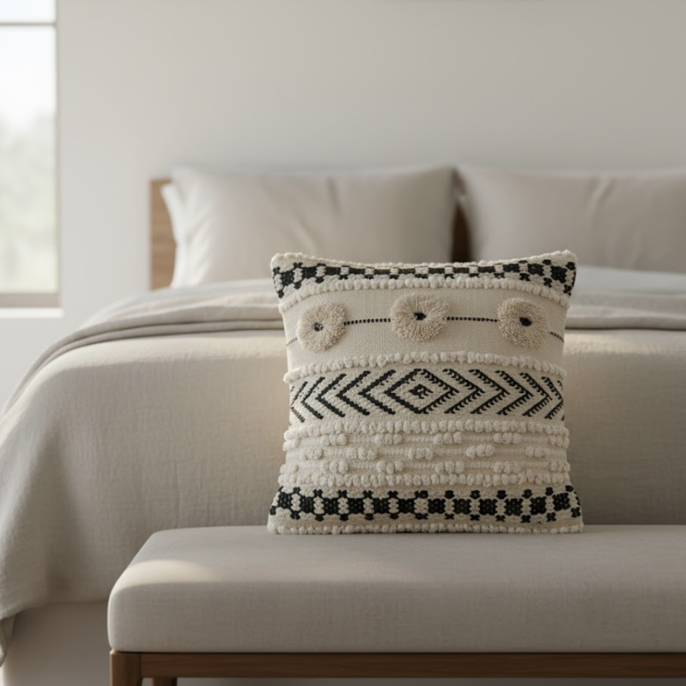 Geometric woven cushion cover styled on a sofa