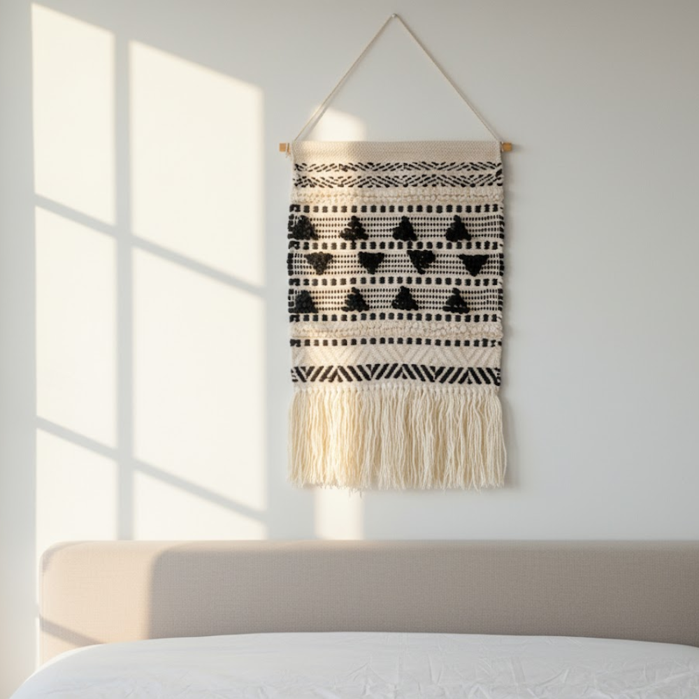 Textured wool and cotton wall hanging shown at an angle