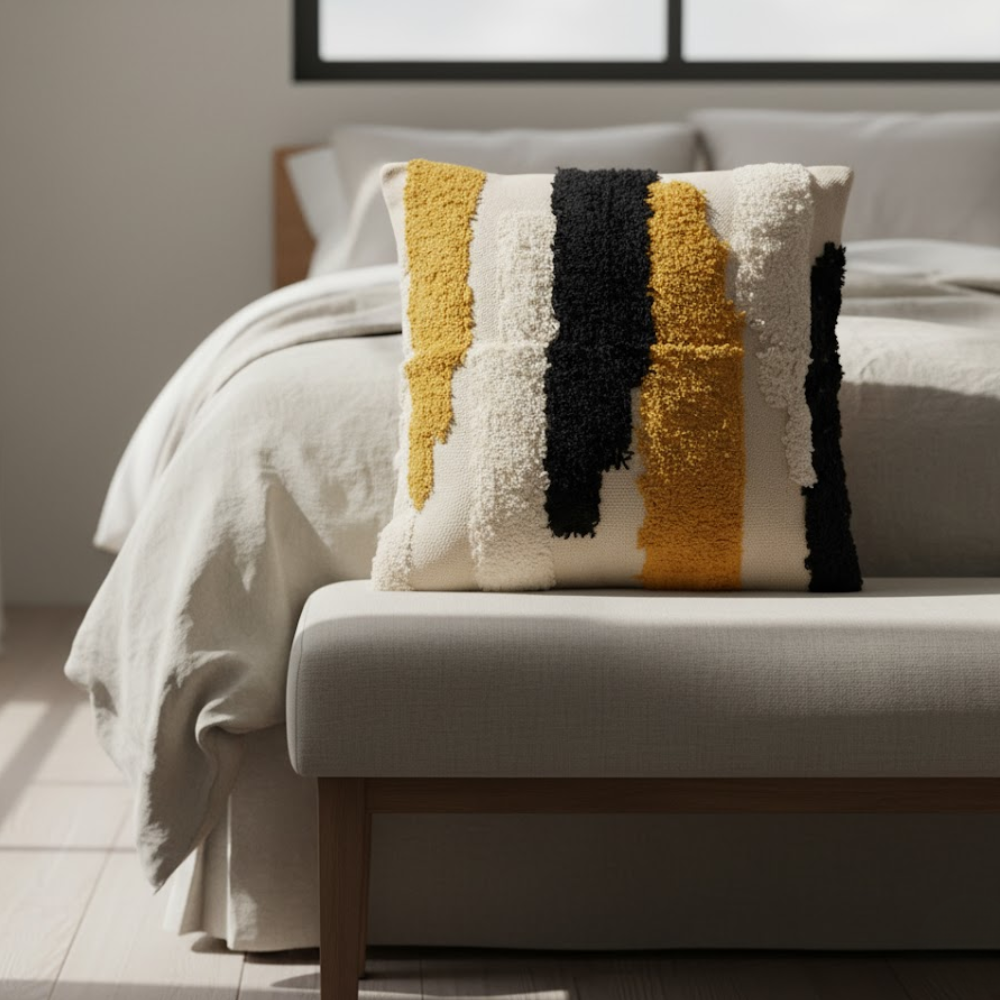 Tufted multicolor cushion cover detail of mixed colours
