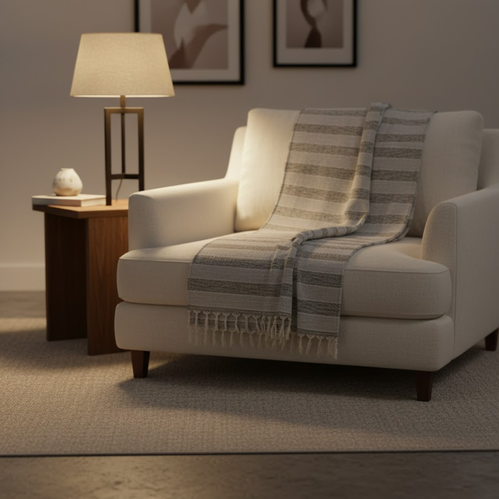 Greyscale throw blanket draped over a chair