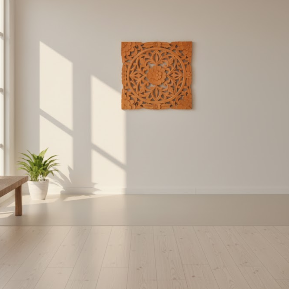 Tangerine wall medallion styled in a colourful boho room