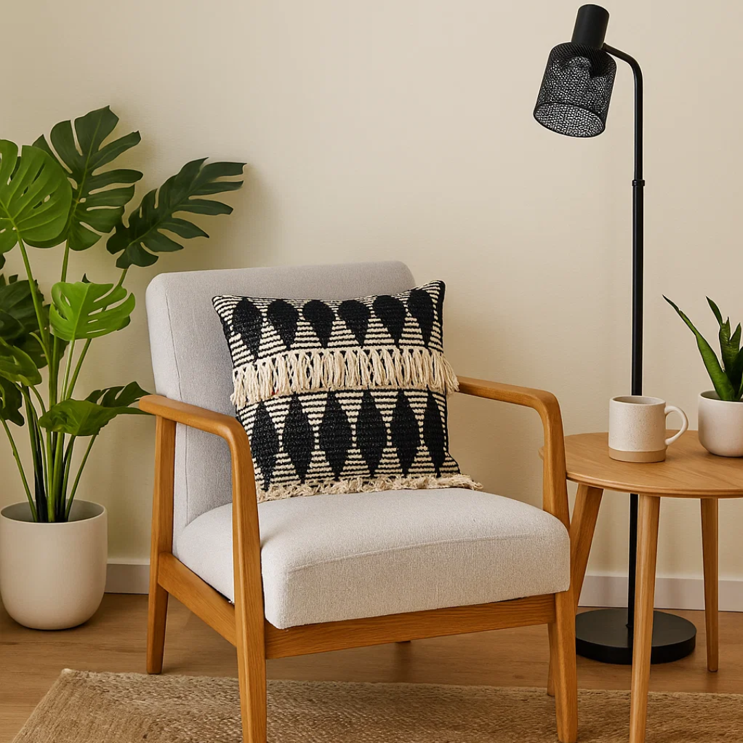 Textured tassel cushion cover styled on a sofa
