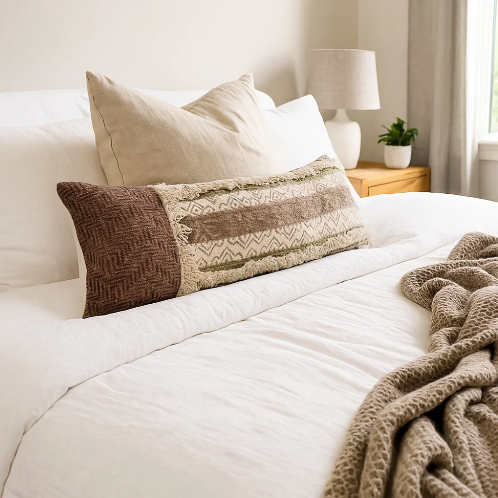 Block printed tufted lumbar cushion cover shown at an angle