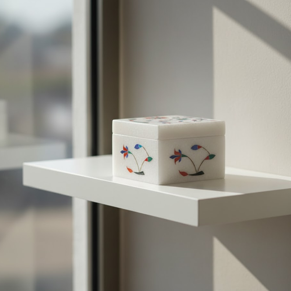 Inlaid Semi-Precious Stone & Marble Square Jewelry Box