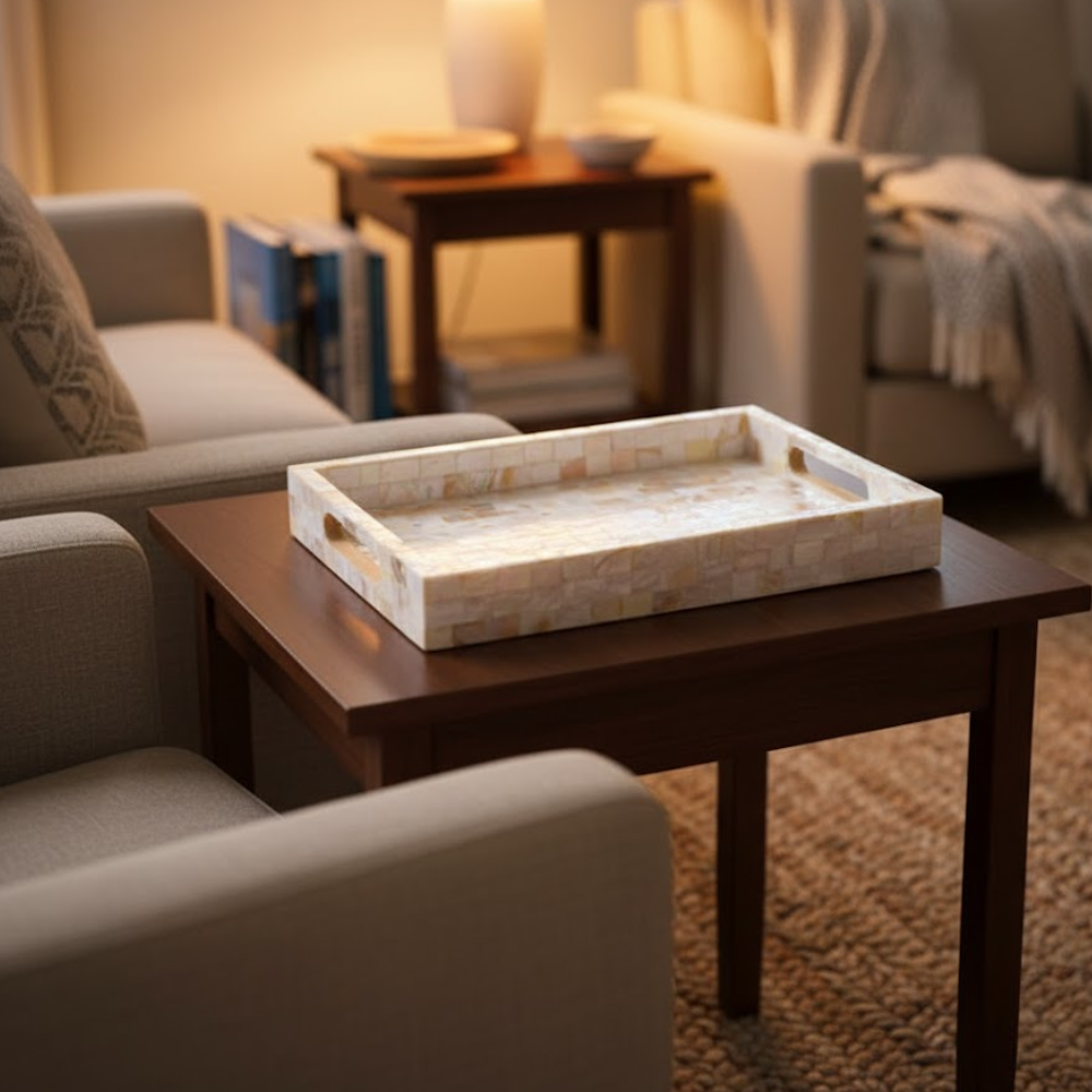 Mother of pearl tray wood edge detail