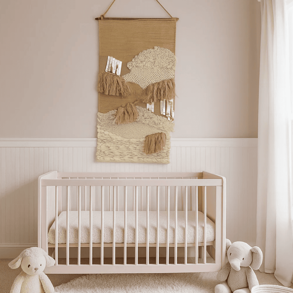 Punch needle wool wall hanging above a bed