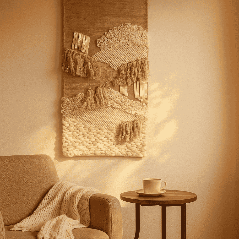 Punch needle wool wall hanging fringe detail at the bottom