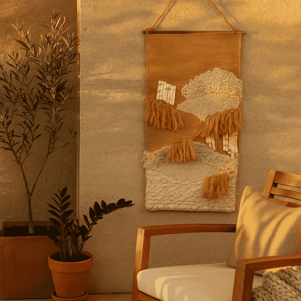 Punch needle wool wall hanging in a soft styled room
