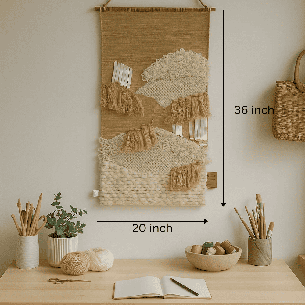 Punch needle wool wall hanging shown at an angle