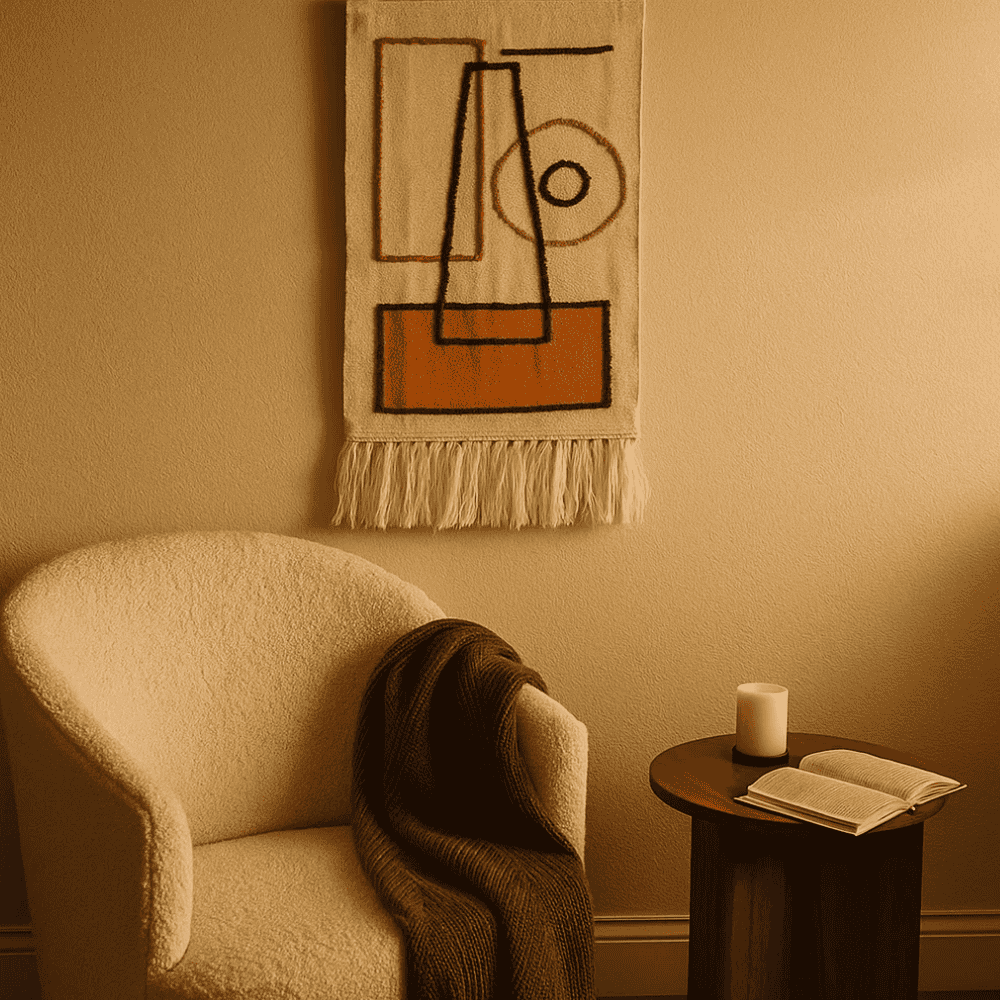 Abstract wool tassel wall hanging shown at an angle