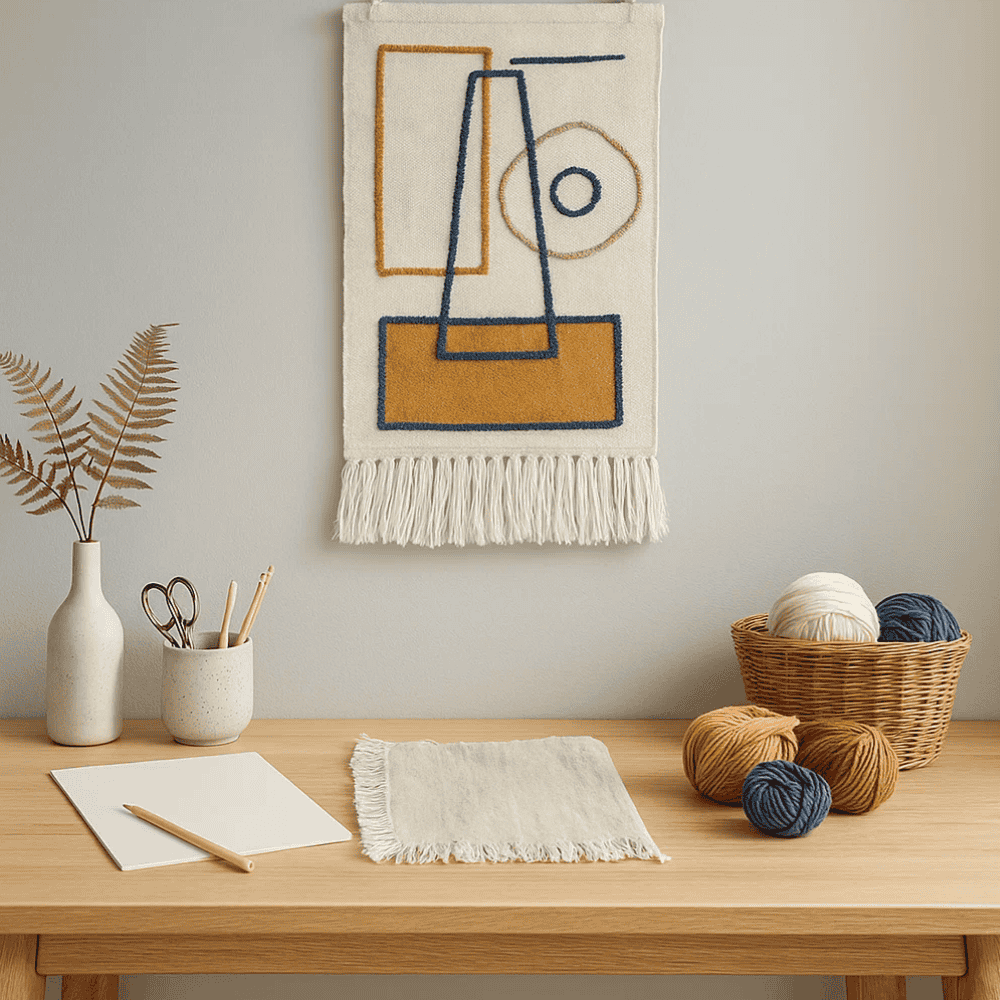 Abstract wool tassel wall hanging in a styled room