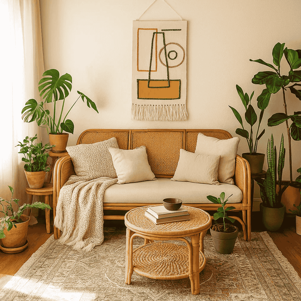 Abstract wool tassel wall hanging on a plain wall