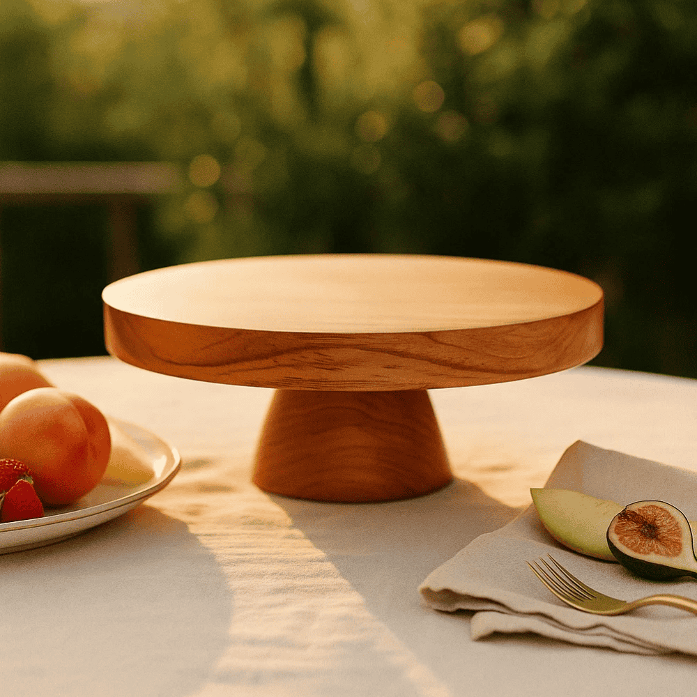 Classic acacia cake stand close-up of wood grain