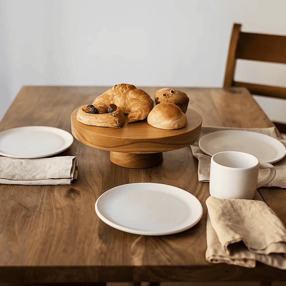 Acacia wood cake stand flat lay top view