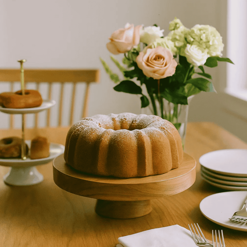 Acacia wood cake stand angled view showing raw grain finish