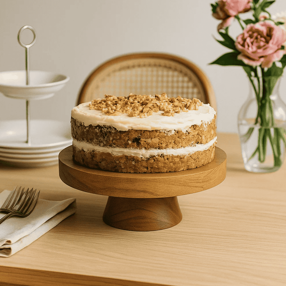 Handcut acacia cake stand with cake on top