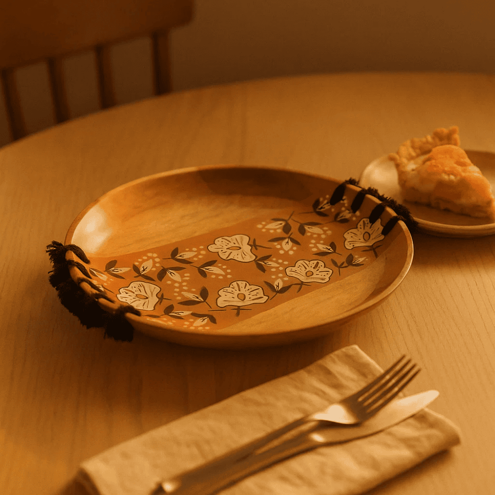 Tasseled wood plate floral art detail