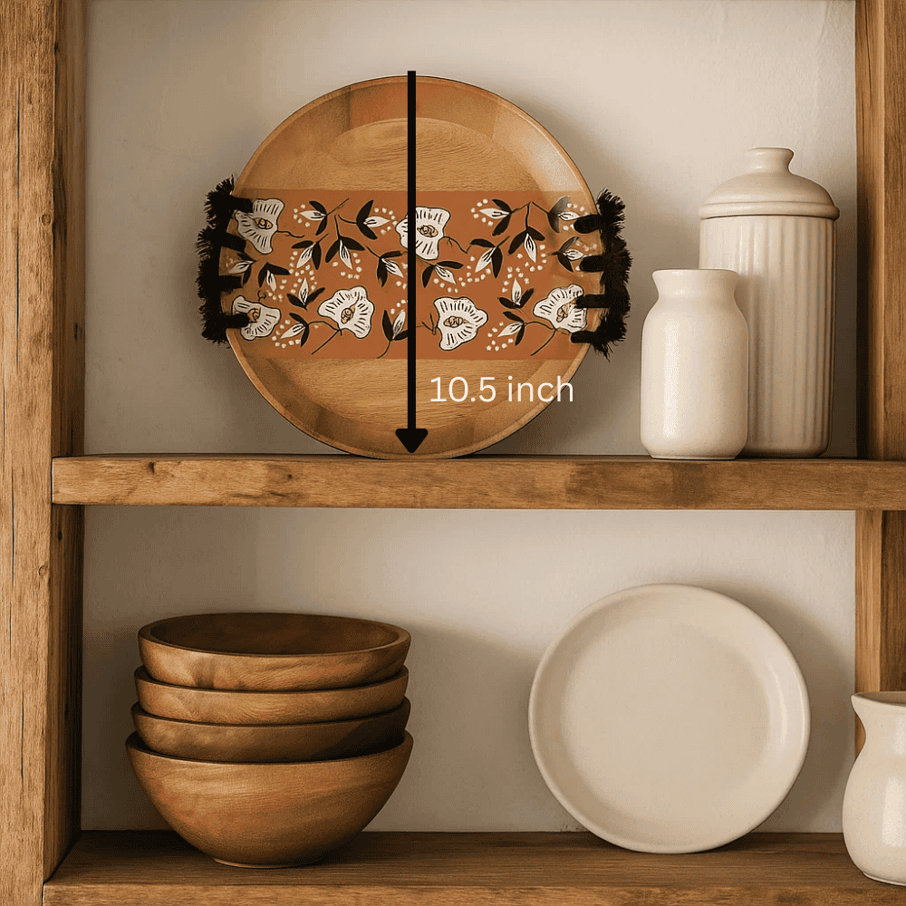 Tasseled wood plate top-down view