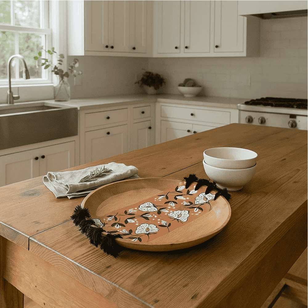 Tasseled wood plate on shelf