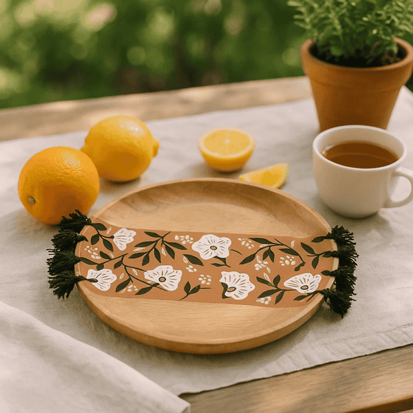 Tasseled Wood Plate | Floral Mango Wood | Gleemium
