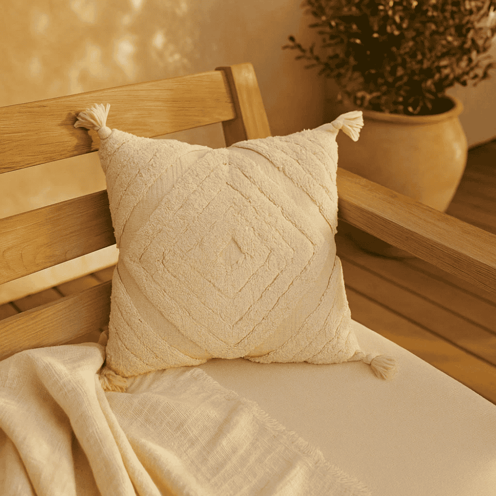 Shaggy diamond cushion cover styled on a sofa