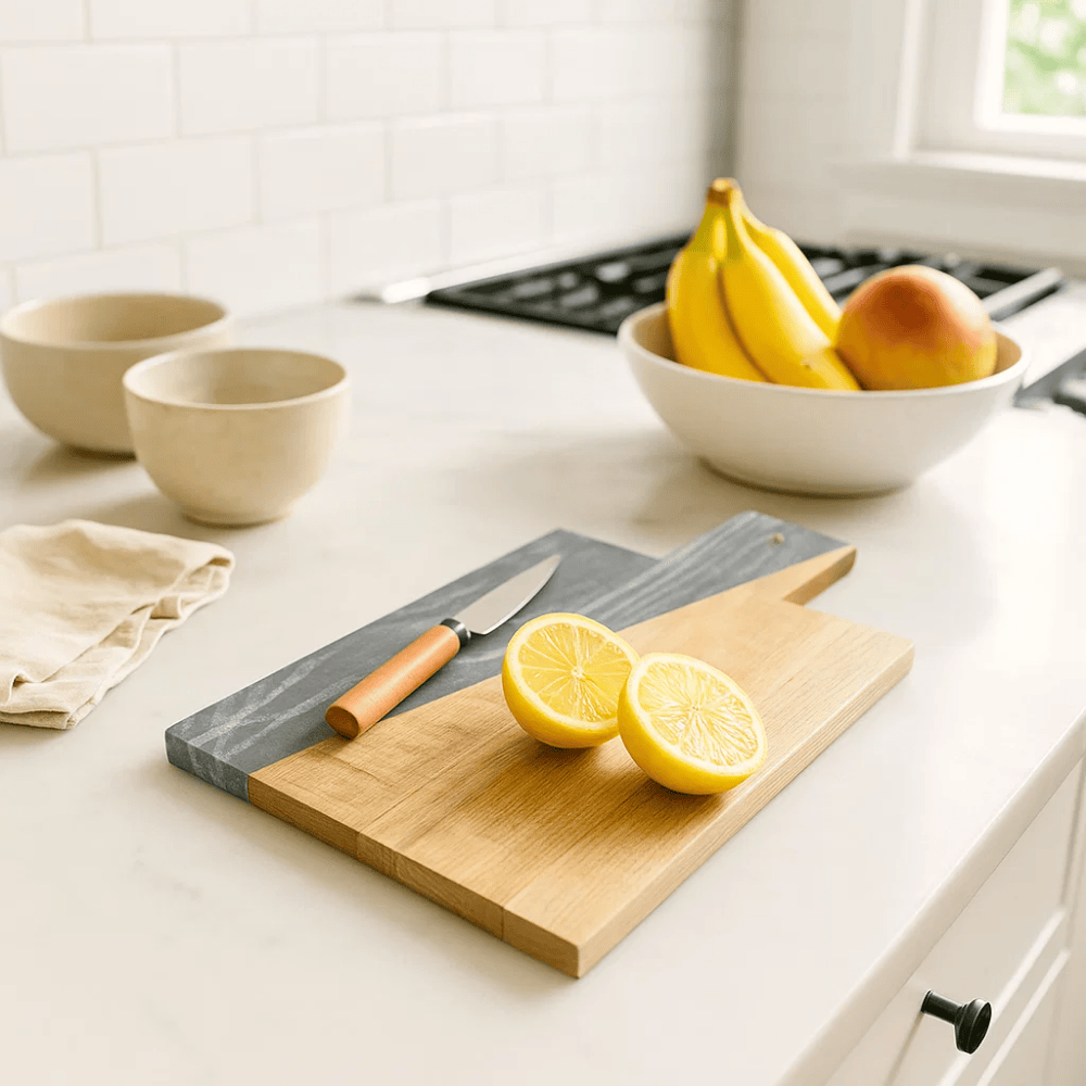 Wood and marble chopping board at an angle