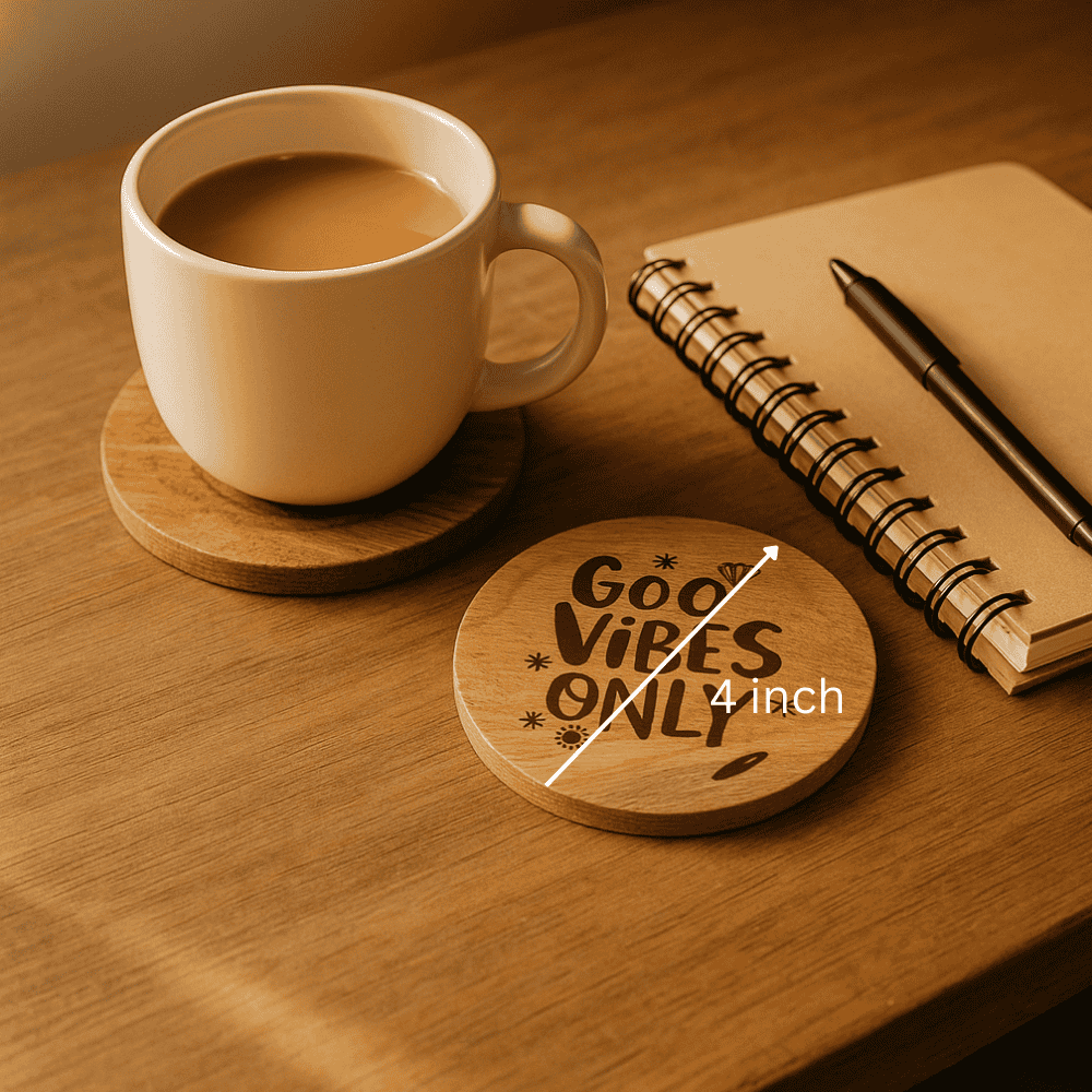 Good vibes coasters wood grain detail