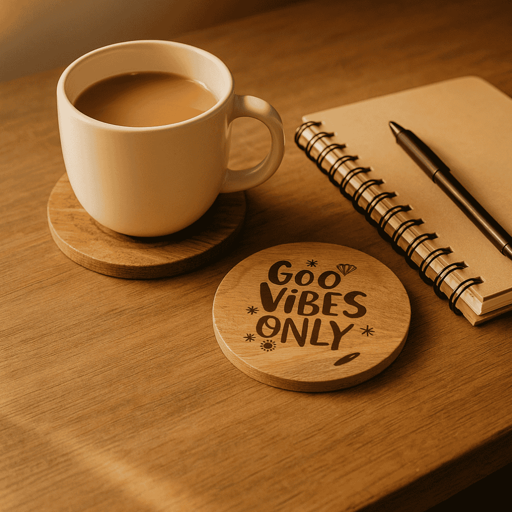Good vibes coasters at an angle