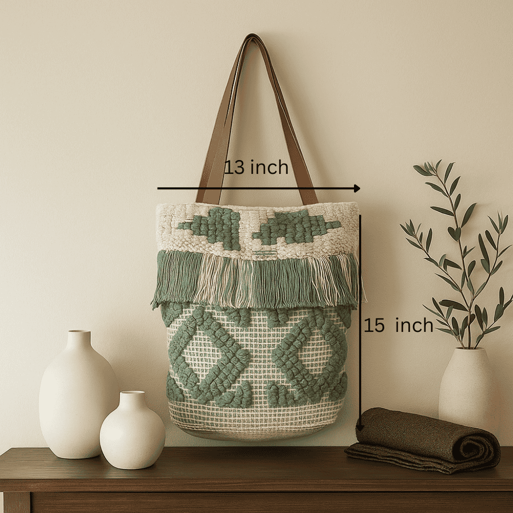 Olive tassel tote bag worn on shoulder