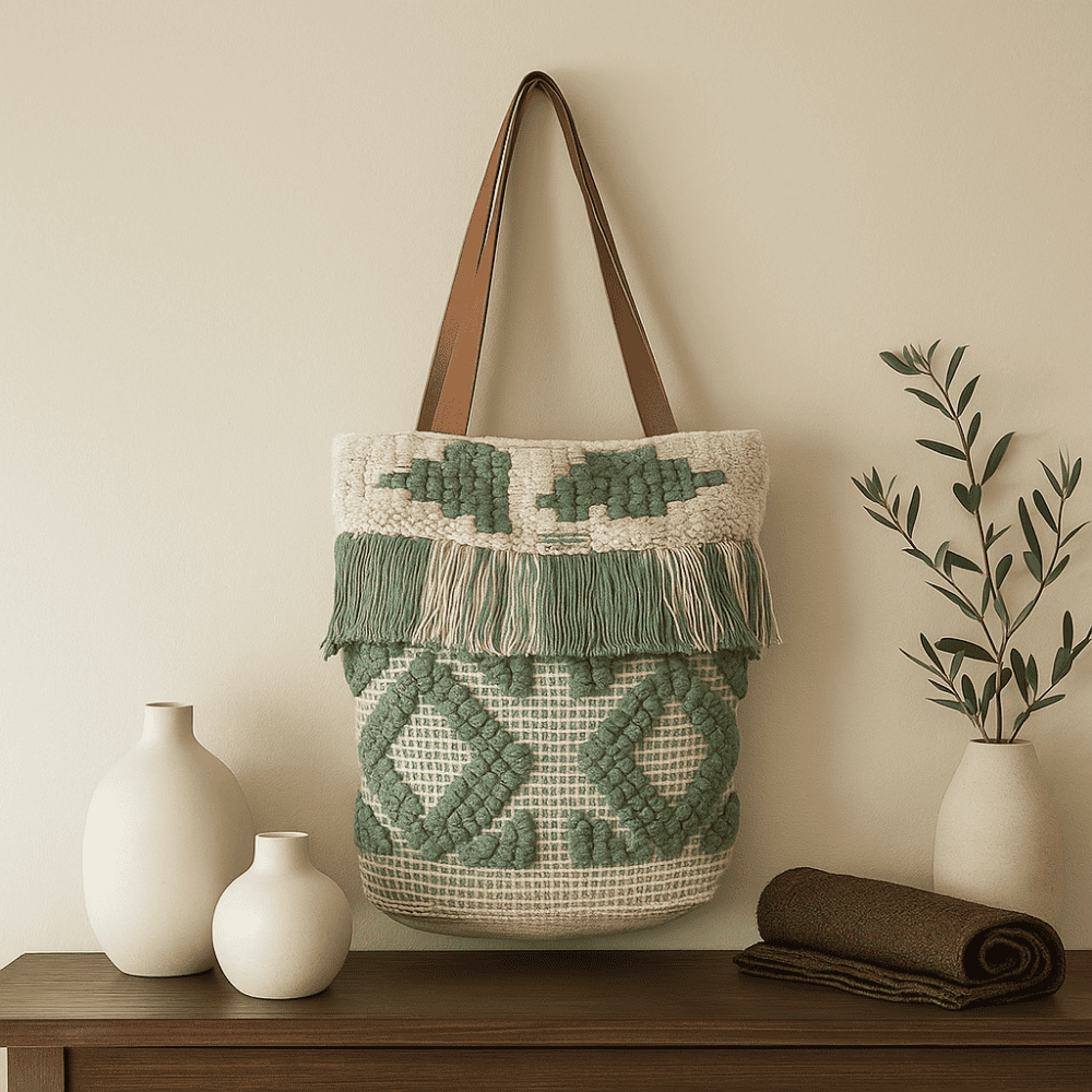 Olive tassel tote bag handle detail