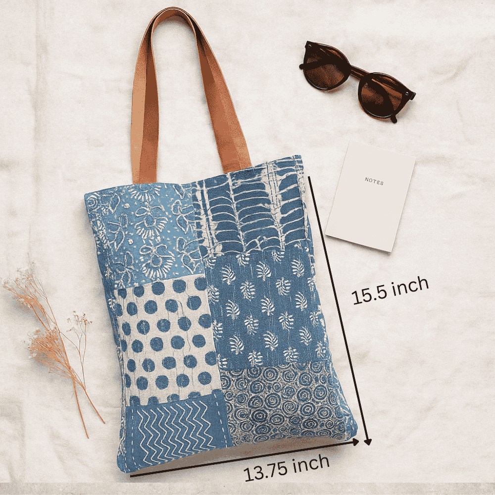 Indigo patchwork tote bag handle detail