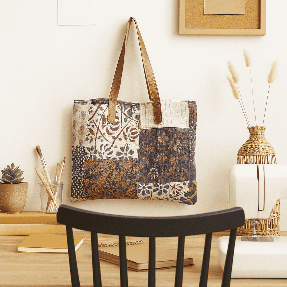 Kantha patchwork tote bag with leather handles by Gleemium