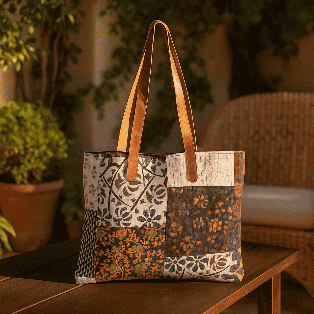 Kantha patchwork tote bag worn on shoulder