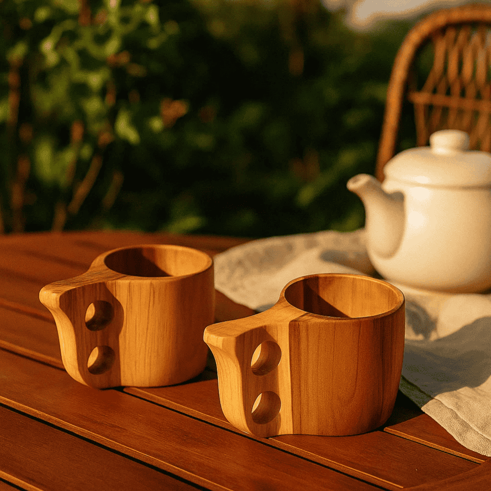 Wooden tea cups at an angle