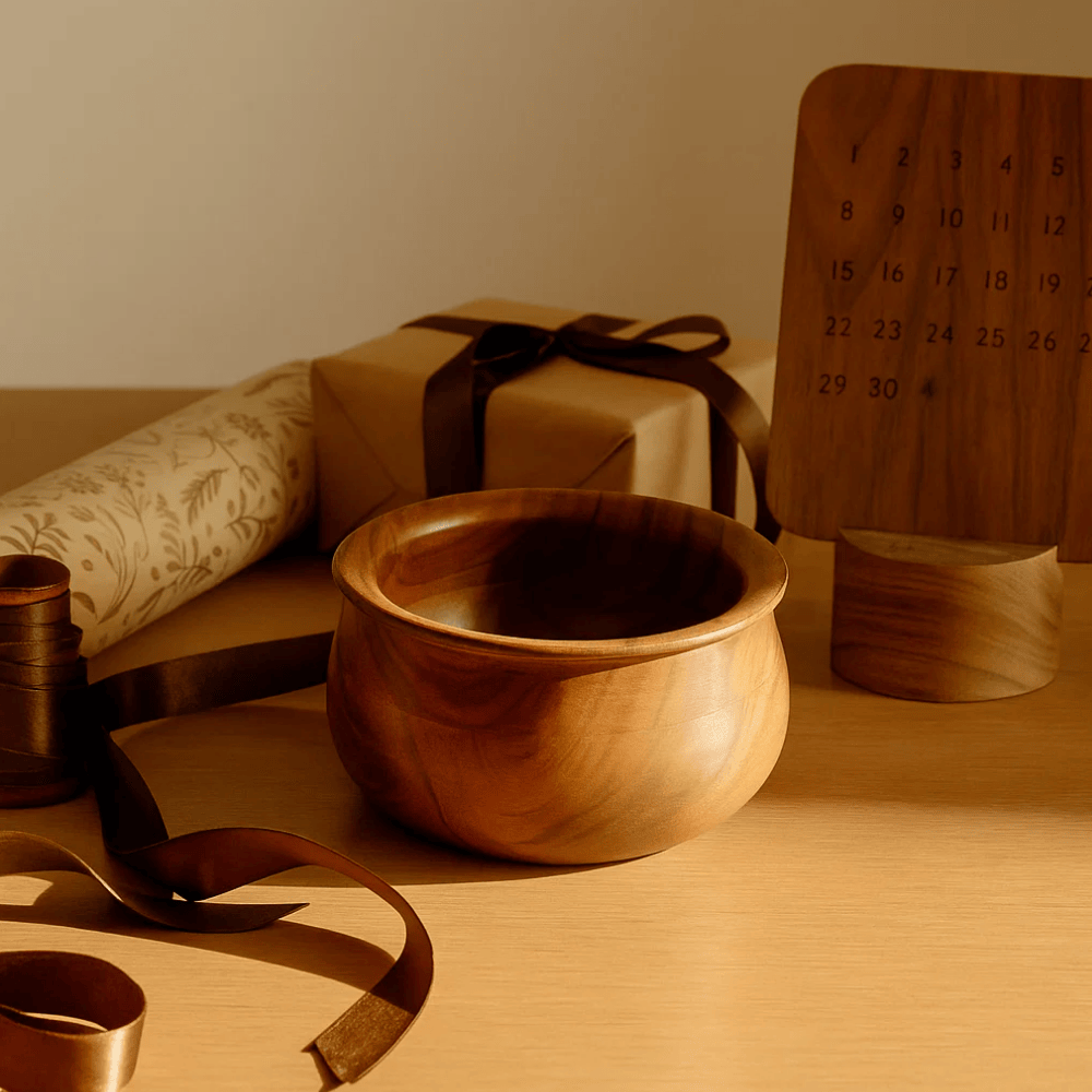 Acacia wood bowl side view