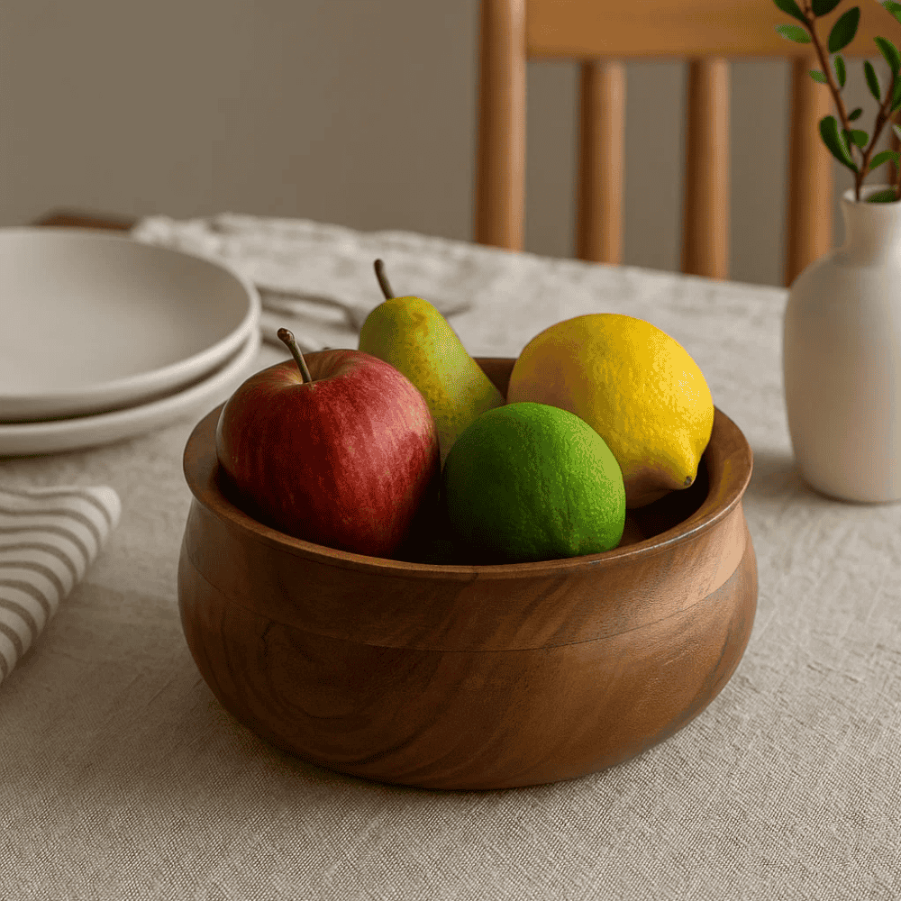 Acacia wood bowl with food