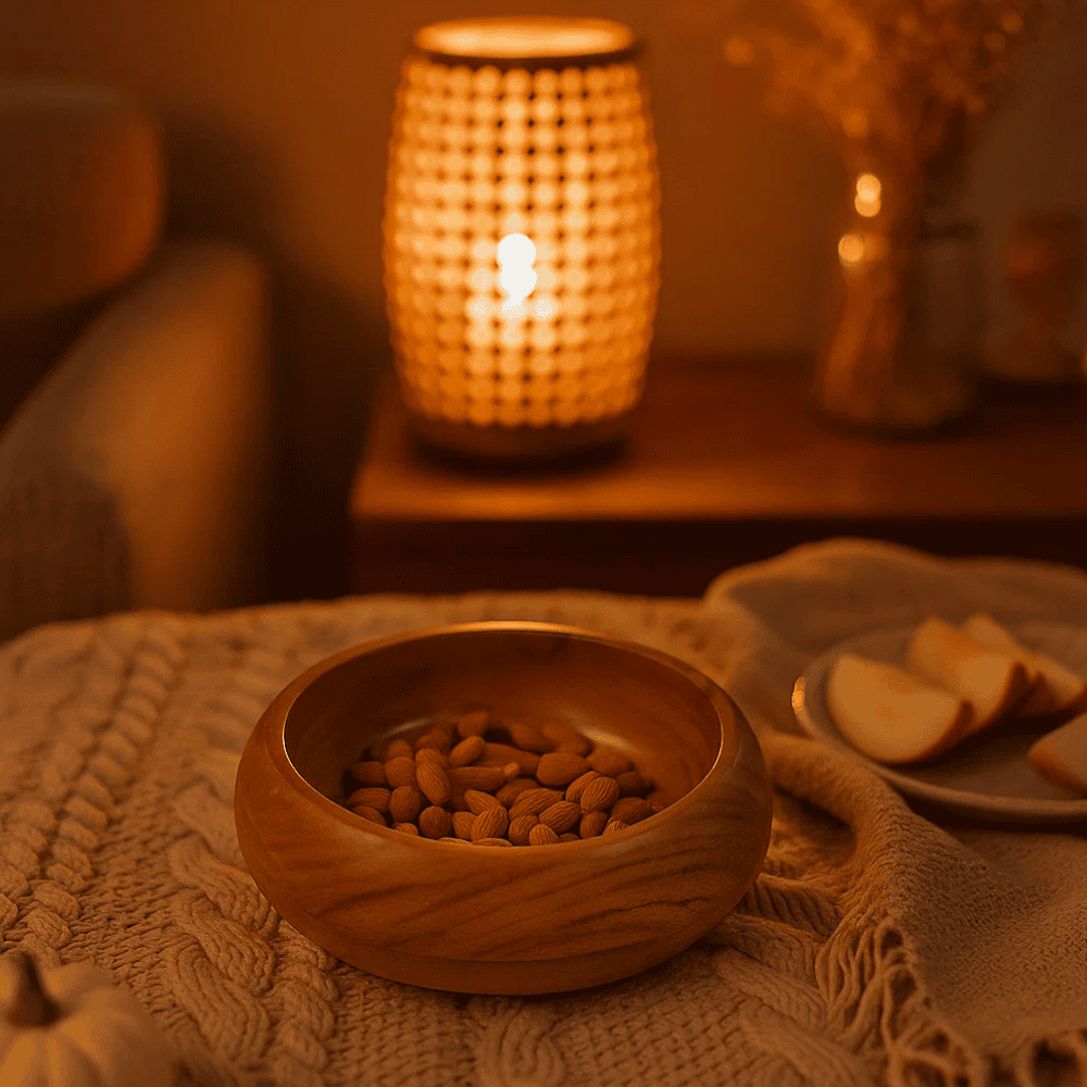 Acacia serving bowl close-up of grain