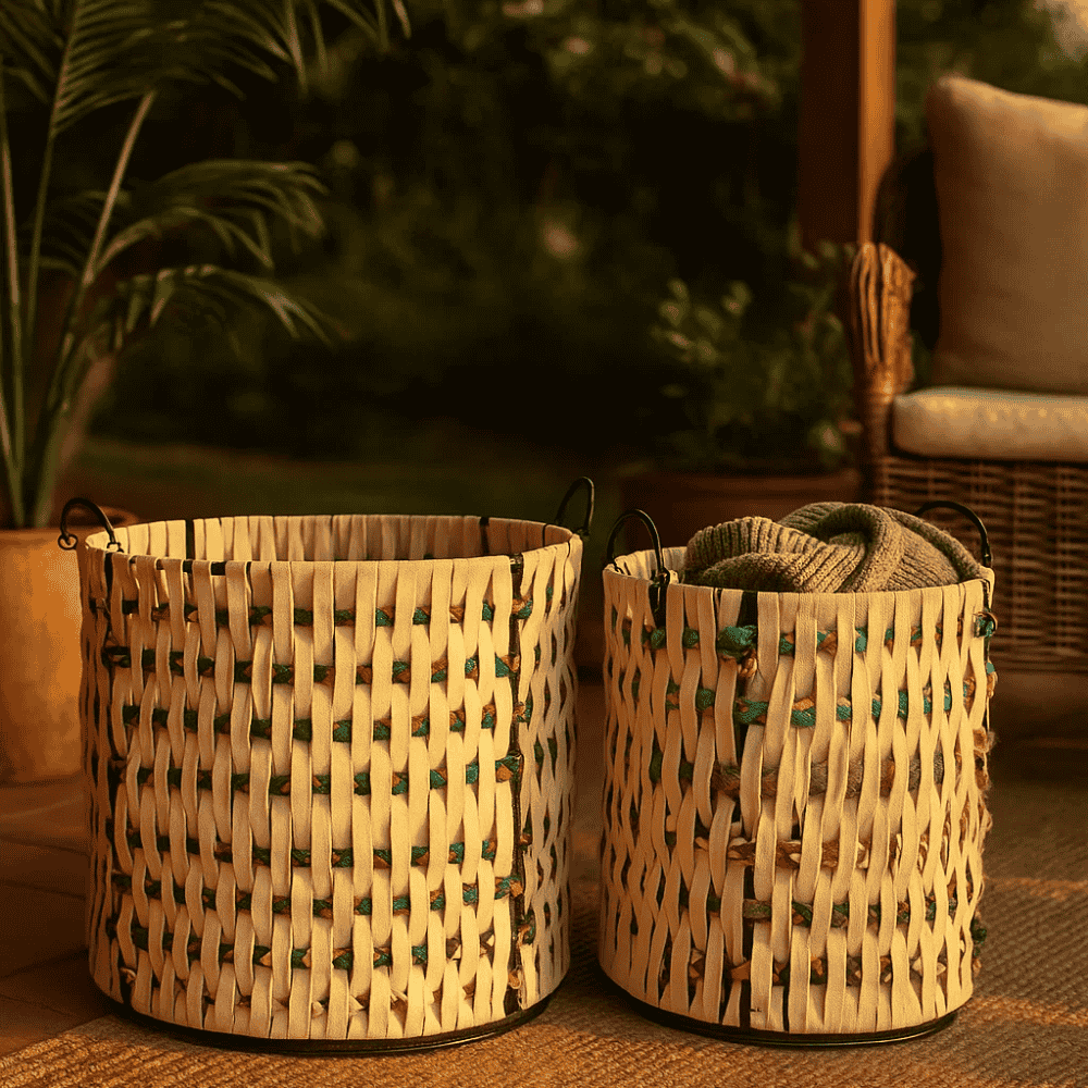 Multicolor cotton baskets angled view with lace accents